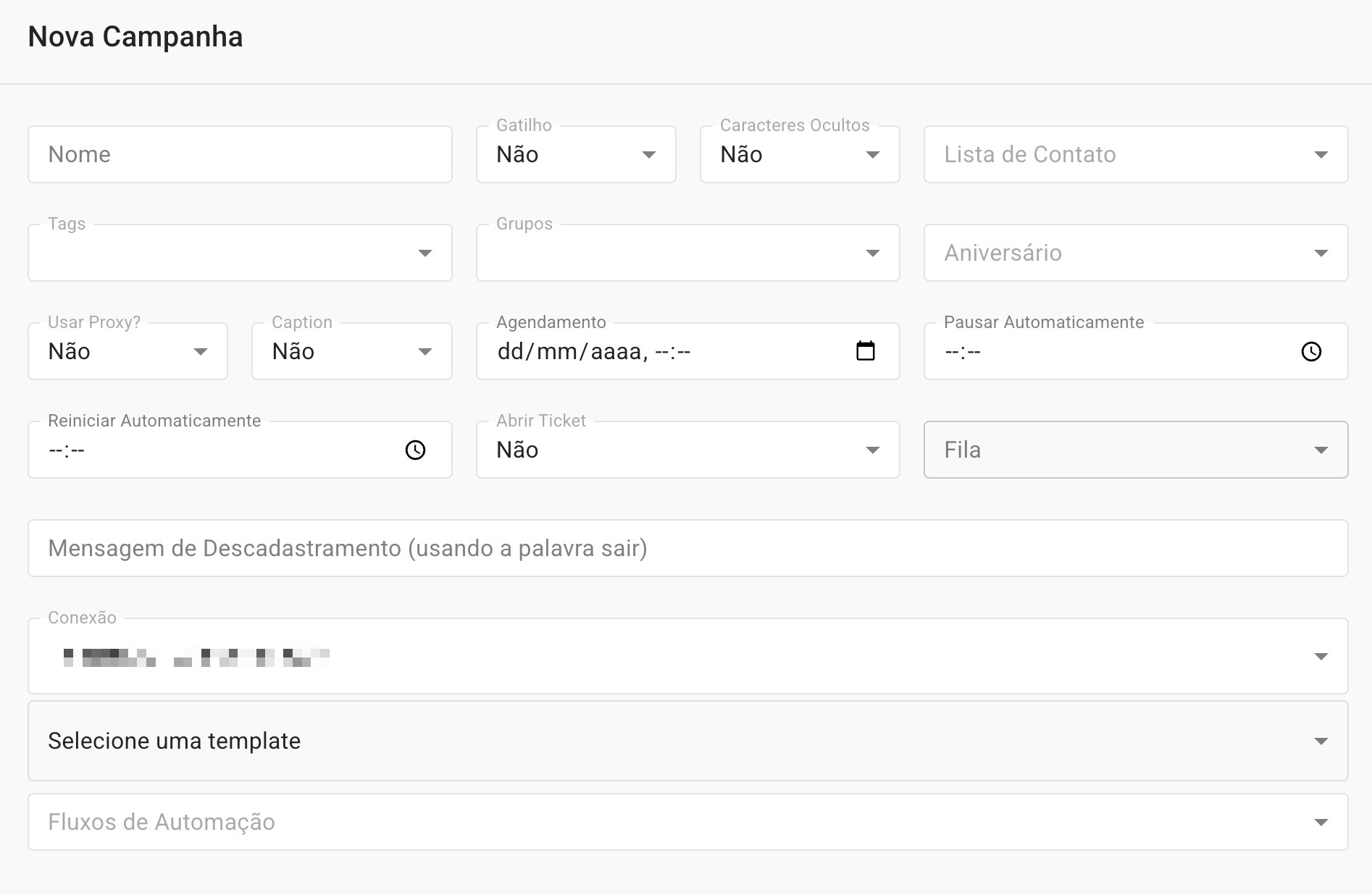 Tela de criação de uma nova campanha pela API Oficial